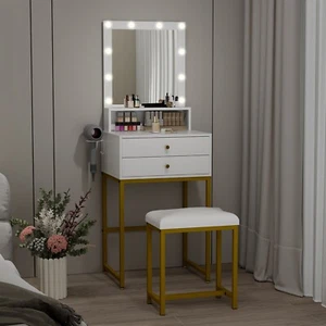 Vanity Set Makeup Dressing Table with Stool 10 LED Lights Mirror Dresser Desk - Picture 1 of 12
