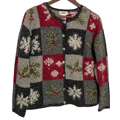De Colección Talbots Cárdigan Suéter PL Gris Rojo Retazos Navidad Estampado Lana Mohair Foto 1 de 4