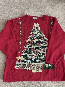 Vintage Damen Weihnachten Strick 3D Pullover rot hässlich Größe 2X Urlaub - Bild 1 von 4