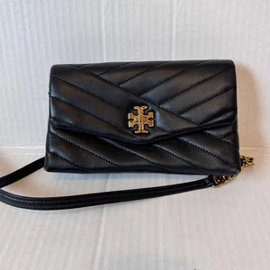 Tory Burch Cuero Negro Kira Acolchado Bandolera Bolso de Mano Cartera Cadena Dorada Correa - Imagen 1 de 14