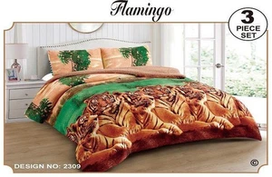 FLAMINGO TIGER GREEN BLANKET WITH SHERPA SOFTY AND WARM 3 PCS QUEEN  SIZE - Picture 1 of 1