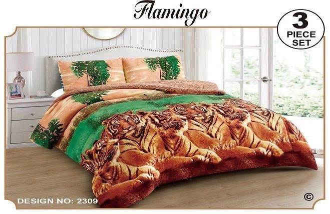 FLAMINGO TIGER GREEN BLANKET WITH SHERPA SOFTY AND WARM 3 PCS QUEEN  SIZE - Image 1 of 1