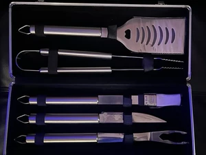 Stainless Steel Barbecue Tool Set & Case With Rammer Jammer Logo - Picture 1 of 6