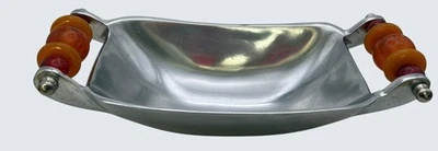 Vintage MCM Metal Serving Dish Tray w/Glass Bead Handles Red Butterscotch 10" - Image 1 of 4