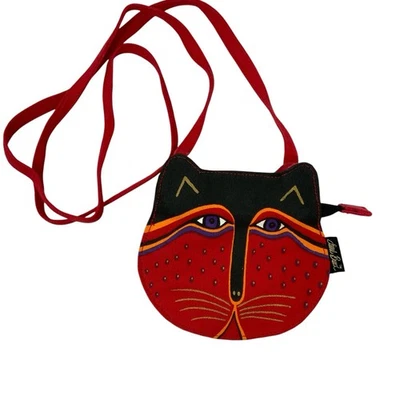 Bolso Bandolera Laurel Burch Rojo Lona Cara de Gato Felino Cremallera Cartera Colorido Foto 1 de 4