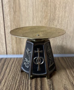 Vintage Brass Pedestal Religious Symbols Candle Holder Christianity - Picture 1 of 10