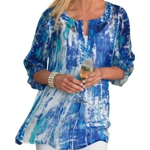 Soft Surroundings Size Medium Beaded Top Blouse Blue Silk Split Neck 3/4 Sleeves - Picture 1 of 10