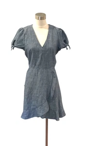 J Crew chambray denim faux wrap dress puff sleeve ruffle detail 6 - Picture 1 of 6
