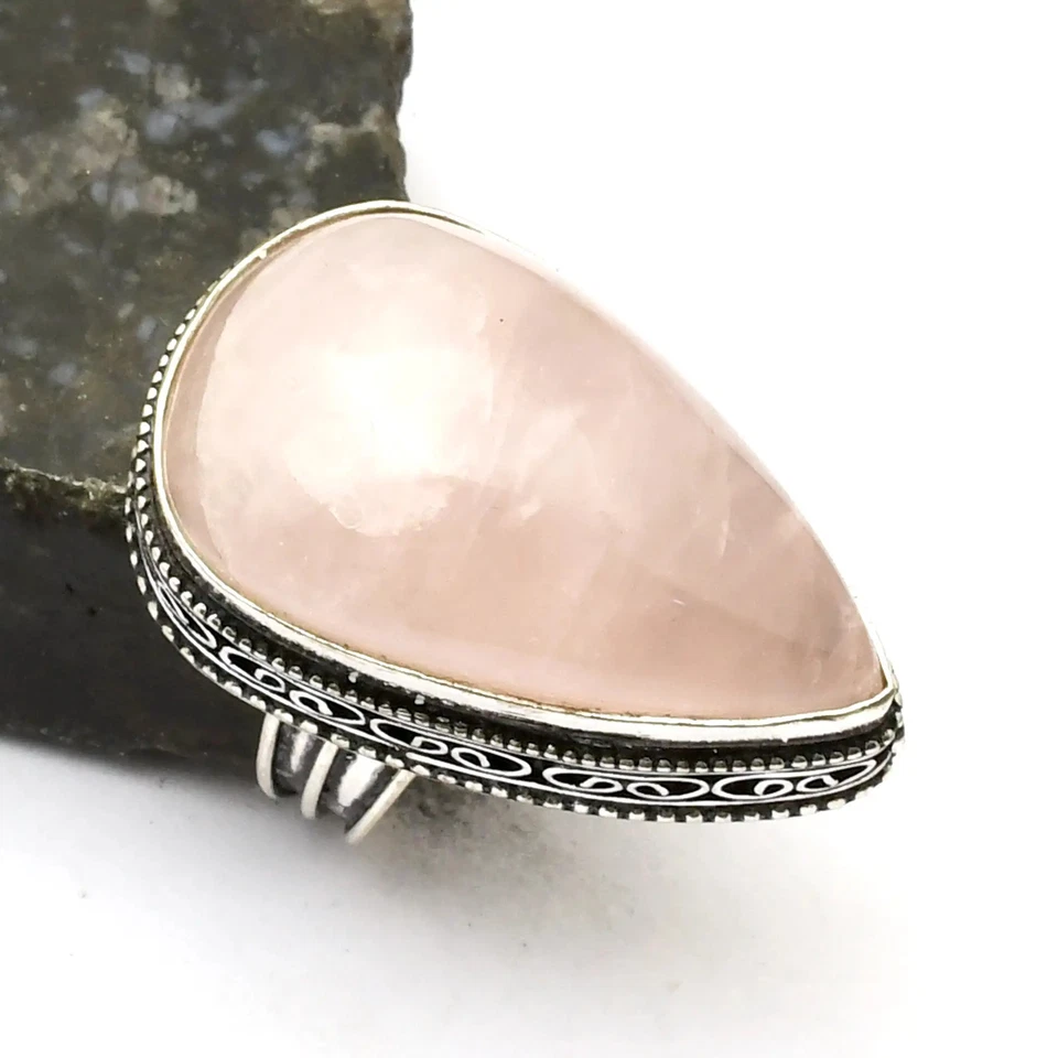 Кольцо ювелирное изделие ручной работы с розовым кварцем драгоценным камнем антикварный дизайн размер США - 7,5 AR 41100 - Изображение 1 из 1