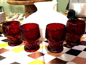 Ruby Red Thumbprint Georgian Glasses Anchor Hocking Tumblers Vintage Barware 4pc - Picture 1 of 8
