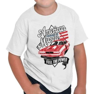 American Muscle Car Feel The Power USA Flag Youth Crewneck T Shirts Boy or Girl - Picture 1 of 5