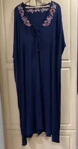 Johnny Was Embroidered Kaftan Kimono Maxi Dress Bohemian Navy Large Seam FLAW - Picture 1 of 12