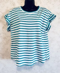 Crown & Ivy Damen Pull Over Top kurz Flatter Rüschenärmel Aqua Streifen Medium - Bild 1 von 14