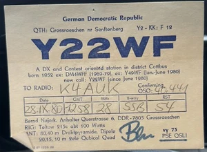 1980 QSL Ham Radio Card - Y22WF - German Democratic Republic PSE - Picture 1 of 2