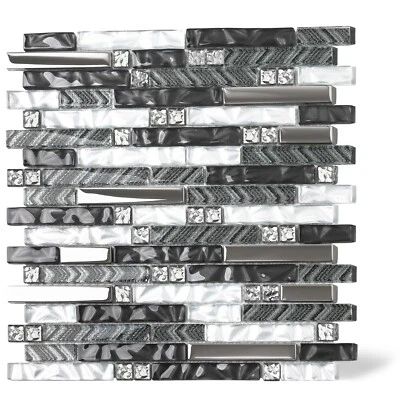 5 Sheets Backsplash Tile for Kitchen,Interlocking Black Silver Glass Mosaic Tile - Image 1 of 4