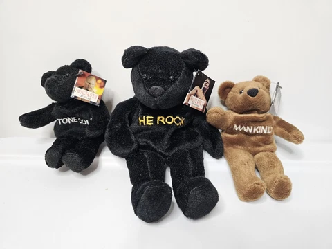 Vintage 90's WWF WWE Attitude Bear Set Stonecold,The Rock,Mankind Plush Beanie Cover