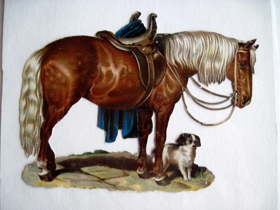 Impresionante caballo troquelado victoriano vintage con perro blanco y negro (N) * Foto 1 de 1