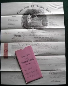 1877 NORWICH UNION LIFE POLICY , 10/- LIFE POLICY REVENUE STAMP A Hughes, Malton - Picture 1 of 2