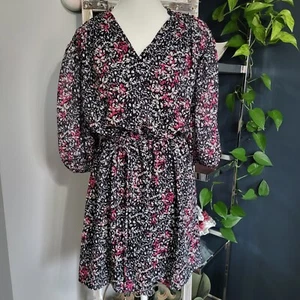 Rebecca Minkoff Floral Blouson Dress Black With Pink Tie Waist  Lined XS  - Picture 1 of 11