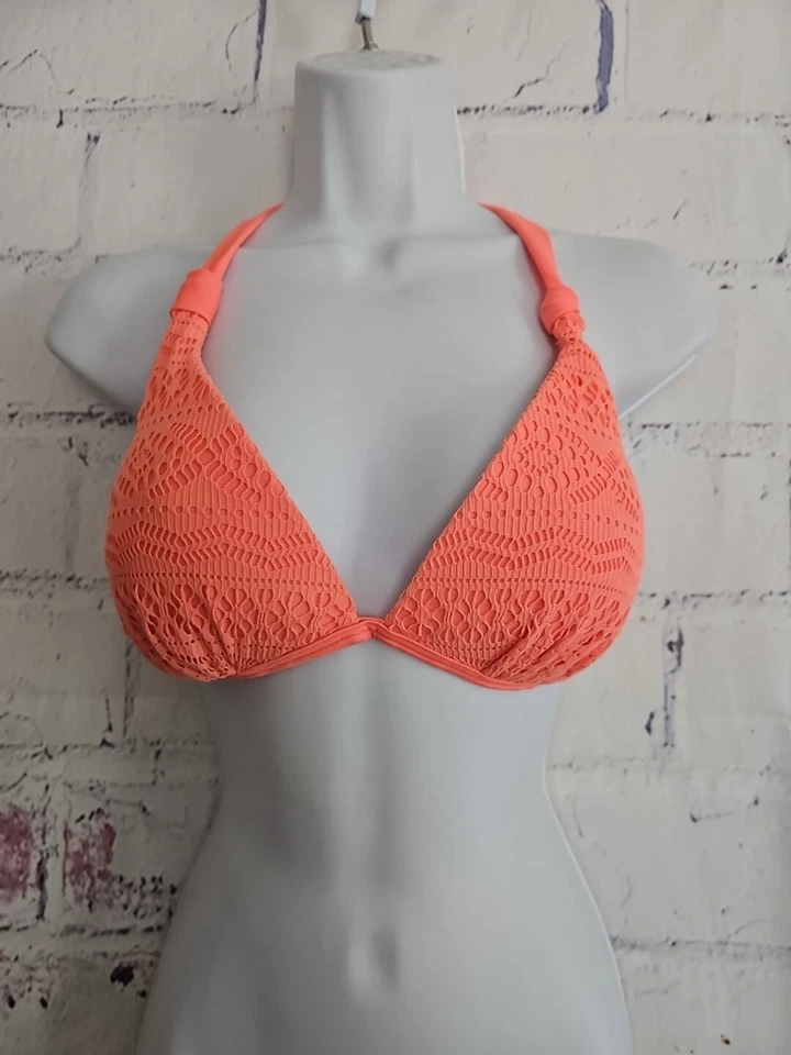 Red Camel Peach Orange Crochet Lace Push-up Bikini Top Halter Tie Size Large - Image 1 of 4