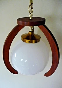 Vintage MCM Pendant Light White Globe Glass & Wood Hanging Lamp Mid Century Mod - Picture 1 of 7