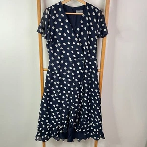 Jacqui-E Dress Womens 10 Blue White Polka Dots Faux Wrap Short Sleeve V-Neck - Picture 1 of 12