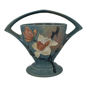 Roseville Magnolia Blue 1943 Mid Century Modern Pottery Ceramic Basket 384-8 - Picture 1 of 6