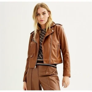 NWT Nine West Faux-Leather Moto Jacket Brown Size L - Picture 1 of 4