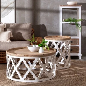 TAVOLINO BASSO SHABBY VINTAGE diametro 82H41 Mobili Legno bianco provenzale chic - Foto 1 di 5