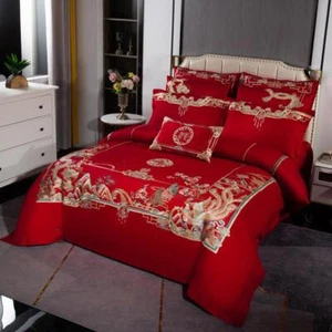 Chinese Wedding Red Bedding Set 6pcs Quilt Cover Flat Sheet 4 Pillow Shames Set - Picture 1 of 49