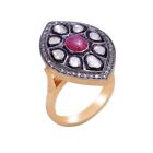 925 Sterling Silver Gorgeous Polki, Ruby And Diamond Marquise Shaped Simple Ring