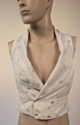 CIVIL WAR ERA FLORAL WHITE PIQUET COTTON WAISTCOAT W CHEST PADDING - Image 1 of 4