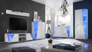 White Living Room Furniture Set Sideboard Cabinet TV Stand Unit Blue LED Lights - Picture 1 of 7