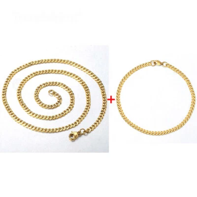 Juego de joyas collar pulsera cadena bordillo acero inoxidable chapado en oro de 3 mm 7-30 pulgadas Foto 1 de 4