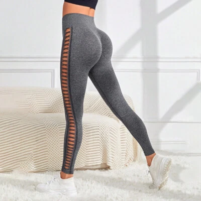 Sexy calzas de entrenamiento sin costuras de red para mujer cintura alta huecas pantalones de yoga Foto 1 de 4