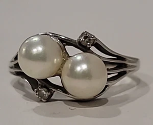 14k White Gold Ladies Cocktail Ring 3.7 Grams w/Pearls & Real Diamonds Size 7.25 - Picture 1 of 14