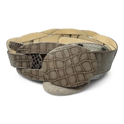 Пояс из змеиной кожи Chicos женский размер M регулируемые желтовато-коричневые петли серый тон овальная пряжка - Изображение 1 из 4