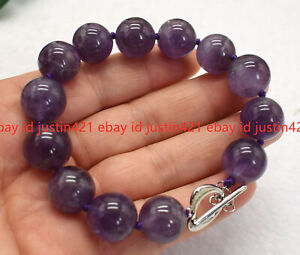 14mm Natural Purple Amethyst Crystal Round Beads Gemstone Bracelet 7.5" AAA+
