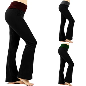 Women Two Tone Waistband Flare Yoga Pants Bootcut High Waist Foldover 30" Inseam - Picture 1 of 6
