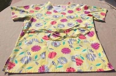 Womens Scrub White Swan SZ S Floral Yellow Artistic Medical Dental Vet Poly Cott - Image 1 of 4