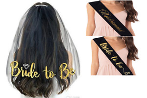 Bride to Be and Bridesmaid Sashes with Veil SET for Bridal Shower BLACK and GOLD