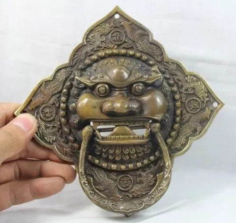 6" Chinese Ancient Folk Home Copper Fu Foo Dog Lion Head Door Knocker Statue Cover
