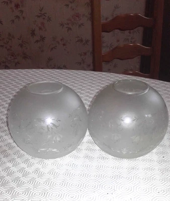 Paire Globes de lampe à pétrole avec décor emaillé givré en relief - Photo 1/4