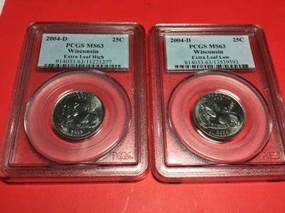 Set Wisconsin High/Low Extra Leaf Error Quarters PCGS MS 63. Rare . Attractive. - Image 1 of 4