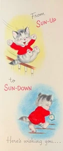 Vintage Gibson Geburtstagskarte anthropomorphe Katze Katze beflockt rote Kleidung Sonnenaufgang - Bild 1 von 3