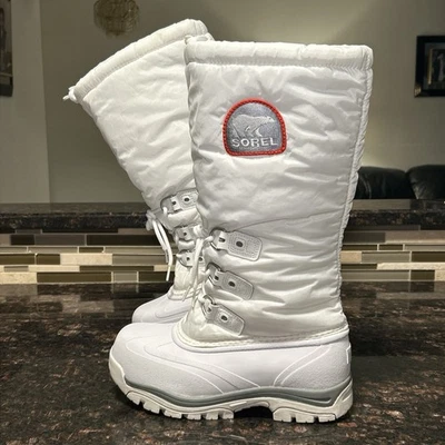 BOTAS DE NIEVE SOREL para mujer talla 9 Snowlion blancas de nailon con aislamiento de goma NL1082-100 Foto 1 de 4