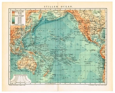 MAPA VINTAGE 1911 Fecha Océano Pacífico Tintes Batimétricos Rutas de envío y cables Foto 1 de 4