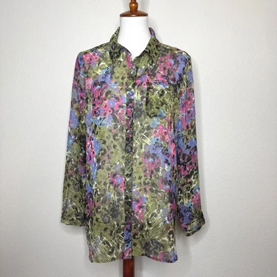 Blusa J. JILL Transparente LS Cuello LG Acuarela Floral Ligera Colorida Foto 1 de 4