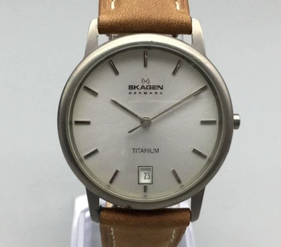 Skagen Denmark Titanium Watch 170LTTW Silver Dial Date Tan Leather New Battery - Image 1 of 4