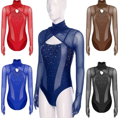 Damen Bodysuit Rollerschutzen Jumpsuit Strass Tanzkleidung Mock-Hals Kostüm - Bild 1 von 4